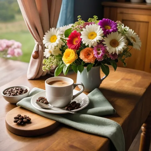 Prompt: Morning Mug of Coffee sitting on a beautifully adorned breakfast table with flowers. Btightly lit early morning kitchen with colorful drapes and countryside. 