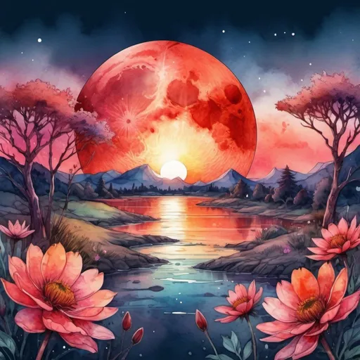 Prompt: Bloodmoon Digital watercolor Illustration of a summerscape sunset, Stylized watercolor art, Intricate, Complex contrast, HDR, Sharp, soft Cinematic lighting, flowery pastel colours, perfect wide long shot visual masterpiece, pop art, splash screen art, triadic colors, digital art, 8k resolution, 3d shading

