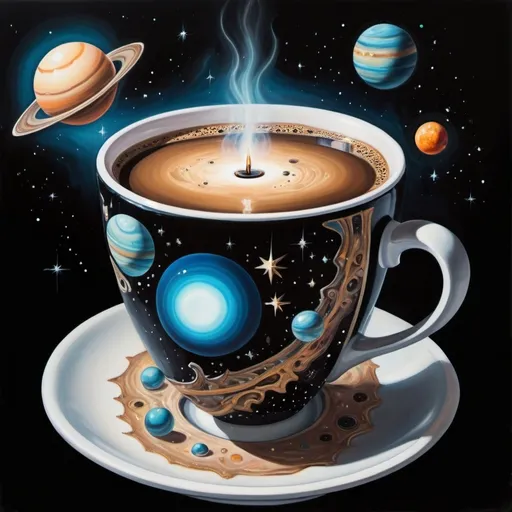 Prompt: (cup of coffee), (surrealist painting), planets floating out of the cup, glowing star in the background, deep black background, cosmic theme, ethereal atmosphere, vibrant color contrasts, dreamlike ambiance, intricate details in planets, fantasy elements, high quality, ultra-detailed.