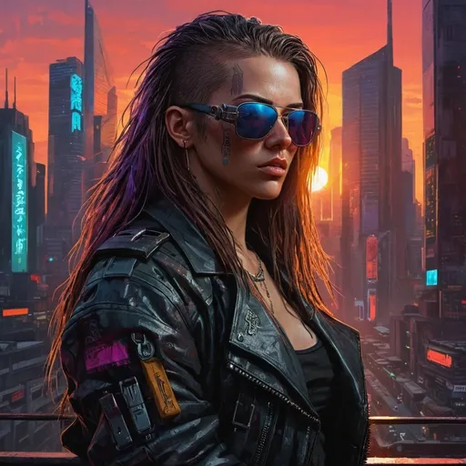 Prompt: molly millions, portrait of a badass cyberpunk mercenary, sunglasses, shoulder long hair, claws, cyberpunk, street samurai, sunset, neuromancer, cyberpunk city background, megacity, gorgeous view, depth, high detail, digital art, promotional art, movie poster, chiaroscuro painted by greg rutkowski, painted by igor kieryluk, trending on artstation