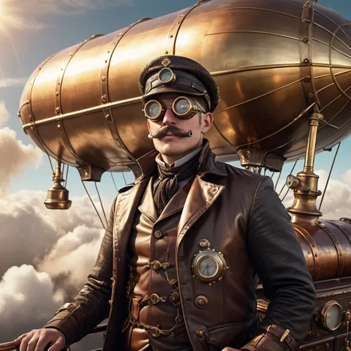 Prompt: Steampunk airship captain, atop a Victorian-era dirigible, detailed brass instruments, goggles reflecting the clouds, leather coat billowing in the wind, rugged face, realistic textures of steam and metal, dynamic sky backdrop with a setting sun, high-resolution, adventurous spirit, fantastical industrial era design, 4k