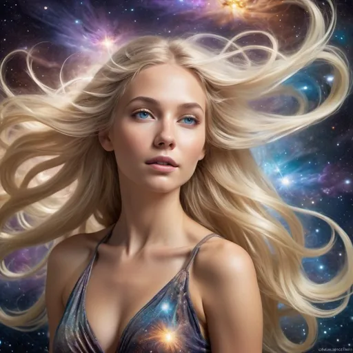 Prompt: Galactic Goddess, long flowing blond hair, swirling galaxies, celestial phenomena, cosmic essence, shimmering blond hair, celestial beauty, powerful presence, cosmic atmosphere, cosmic lighting, otherworldly radiance, highres, ultra-detailed, ethereal, fantasy, cosmic colors, cosmic lighting, mystical