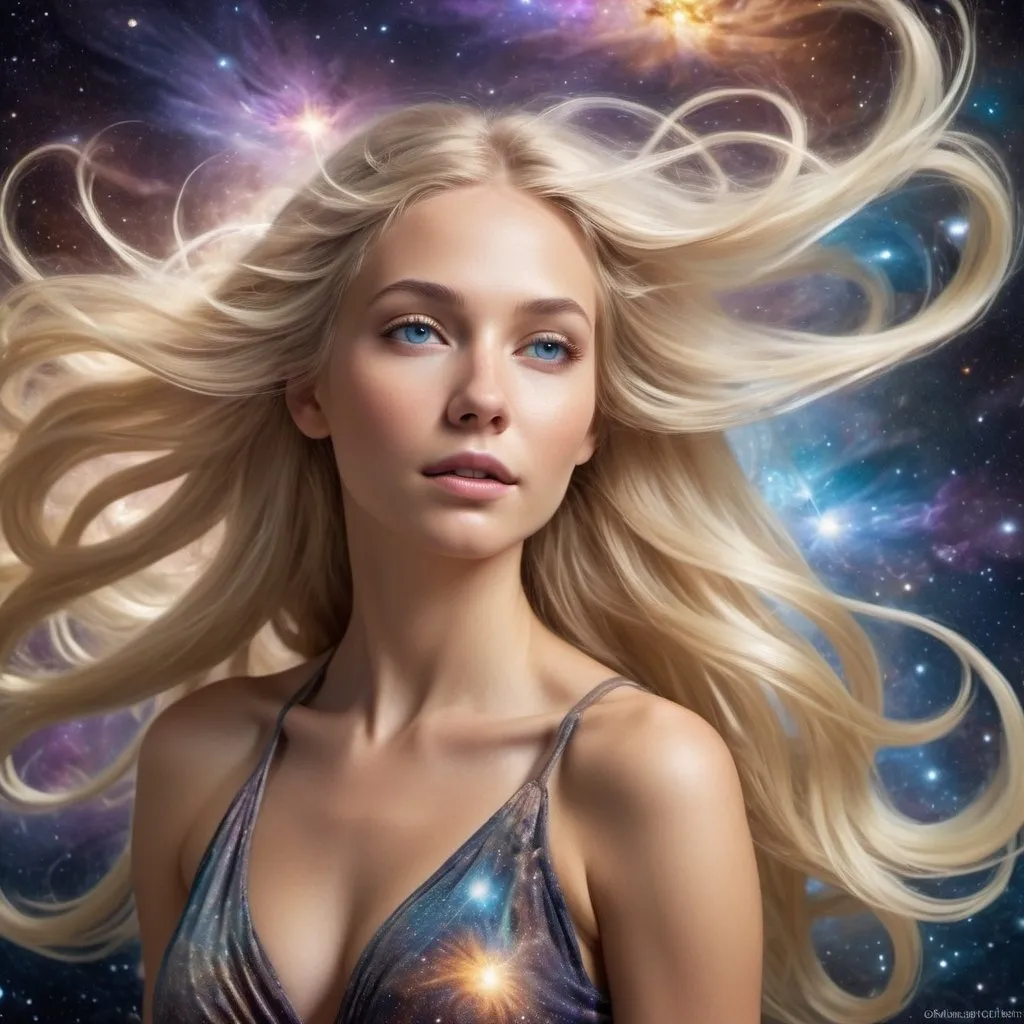 Prompt: Galactic Goddess, long flowing blond hair, swirling galaxies, celestial phenomena, cosmic essence, shimmering blond hair, celestial beauty, powerful presence, cosmic atmosphere, cosmic lighting, otherworldly radiance, highres, ultra-detailed, ethereal, fantasy, cosmic colors, cosmic lighting, mystical