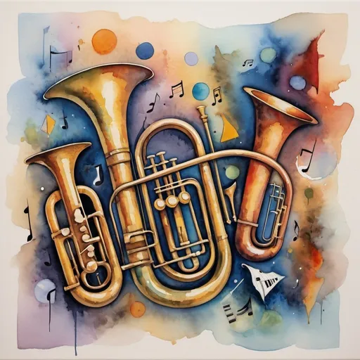 Prompt: Abstract watercolor painting of the musical universe broken up into different dimensions different pictures like a Picasso painting cubic so every differen dimension has different pictures like of brass horn instruments or sheet music with musical notes or different shapes and vivid colors but hidden messages in the painting. Abstract and textured 