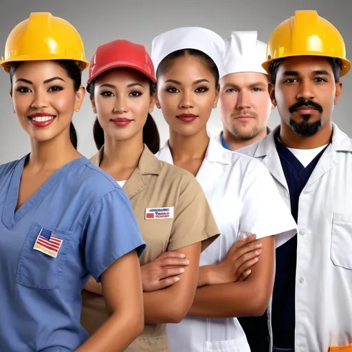 Prompt: In celebration of Labor Day in the United States, compose a photorealistic picture of five laborers representing (teachers, construction workers, electricians, nurses, fast food workers, etc.) Multicultural, multiethnic, Diverse