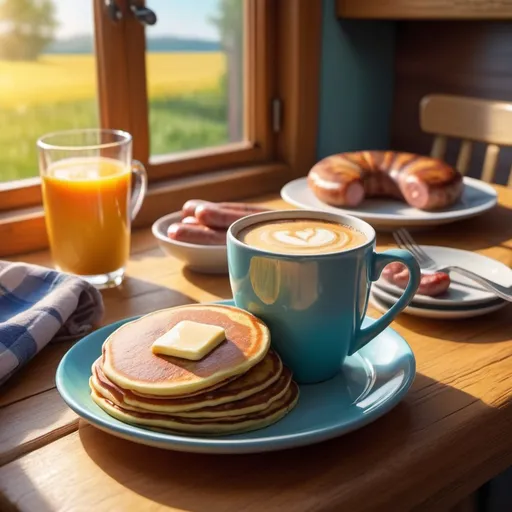 Prompt: Highly detailed, colorful coffee cup, country kitchen table, on the table also sits a plate with pancakes and sausage. morning sunshine, vibrant colors, detailed reflections, realistic, warm lighting, country style, high quality, detailed, beautiful morning, cozy atmosphere