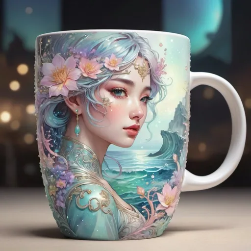 Prompt: insanely detailed gorgeous sparkling pastel coffee cup with one side as pastel blooming nature and other side with pastel ocean, surrounded by glowing illuminated sparkles, Stylized watercolor, iridescent, Fantastical, Intricate, Fantasycore, Scenic, Hyperdetailed, Royo, Bagshaw, Chevrier, Ferri, Kaluta, Minguez, glowing edges, beautiful pastel colors, Mucha, Cina. Cinematic, WLOP