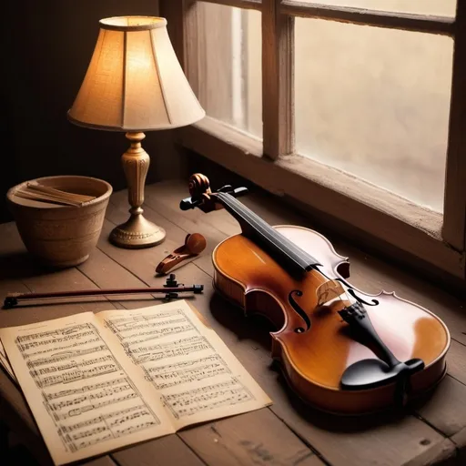 Prompt: Scattered sheet music on a wooden table, 1 violin and bow sits on the table, a gold lamp sits on the table, creative chaos, overhead view, soft lighting, still life photography, 16:9 aspect ratio, muted tones, detailed composition, warm and cozy atmosphere, high quality, still life, vintage, cozy, wood texture, musical notes, creative composition, soft shadows, rustic feel