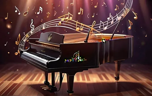 Prompt: Swirling 3D musical notes over a piano located on stage at an audience-filled concert hall, formal, glossy 3D rendering, realistic piano keys, dynamic composition, vibrant colors, high quality, 3D rendering, musical notes, piano, dynamic composition, glossy finish, realistic details, vibrant colors, professional lighting