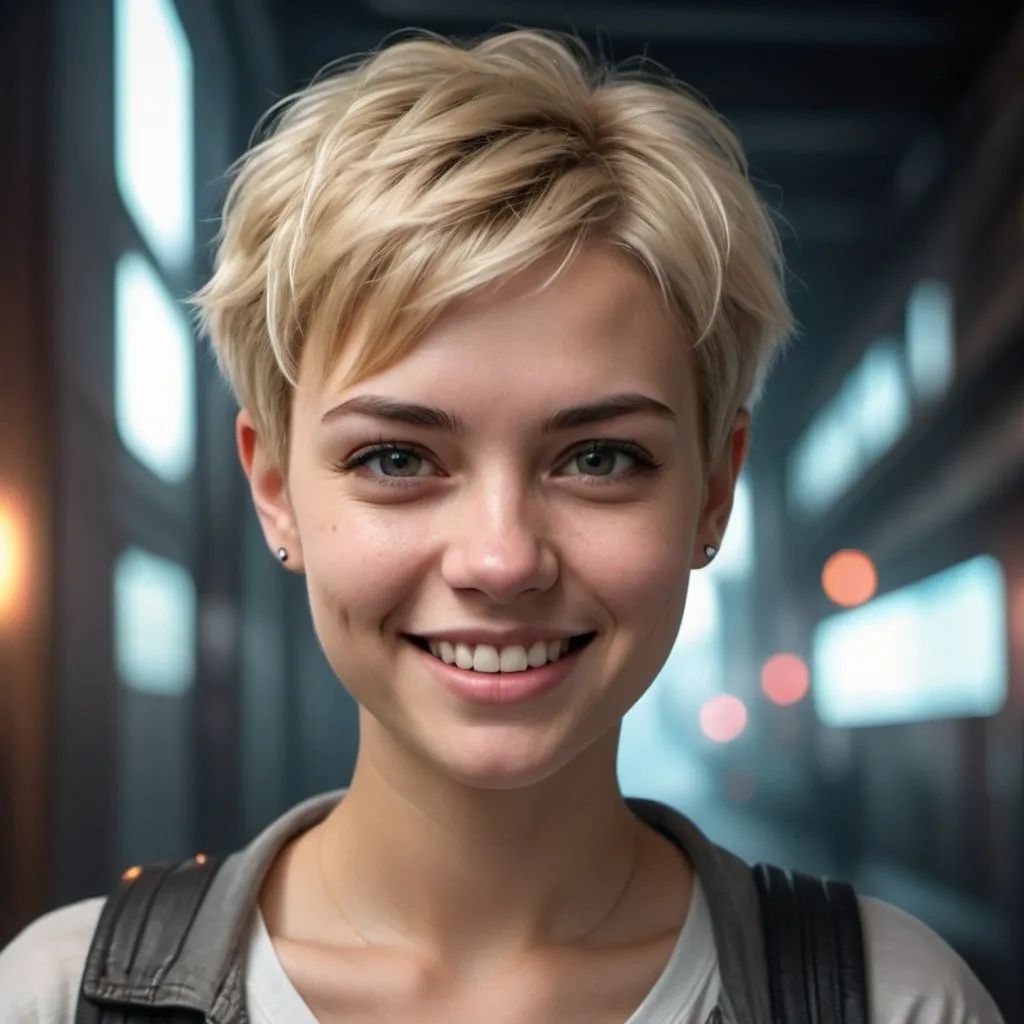 Prompt: Young space blond woman with a short pixie hair style, in t-shirt and jeans, smirking facial expression with one side of her smile upturned, beautiful deep dimpled cheeks, pearly white teeth, raw photo, photorealistic, high detail, dramatic, UHD, HDR raw photo, realistic, sharp focus, 8K high definition, insanely detailed, intricate, high quality, cyberpunk, dramatic lighting, futuristic setting, urban environment, cool tones