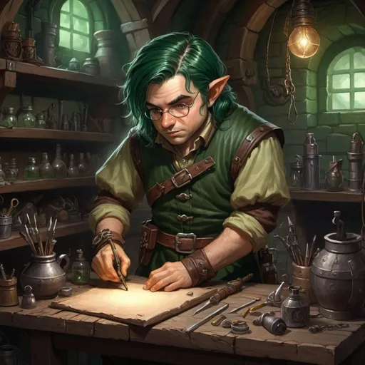 Prompt: Fantasy illustration of a male halfling artificer in a workshop, dark green hair, tinkerer, high quality, detailed, fantasy, dungeons and dragons, halfling, artificer, workshop, dark green hair, tinkerer, detailed, mystyle, atmospheric lighting, intricate details, fantasy art