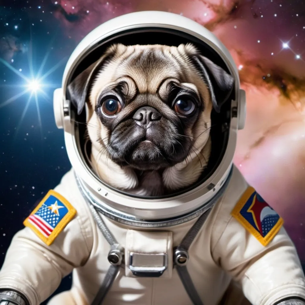 Prompt: create a photo of a small pug puppy dog, in a spacesuit, view from space and spaceship soft bright colours, display milky way galaxy bird eye view in very minute details, very bright and vivid colours.