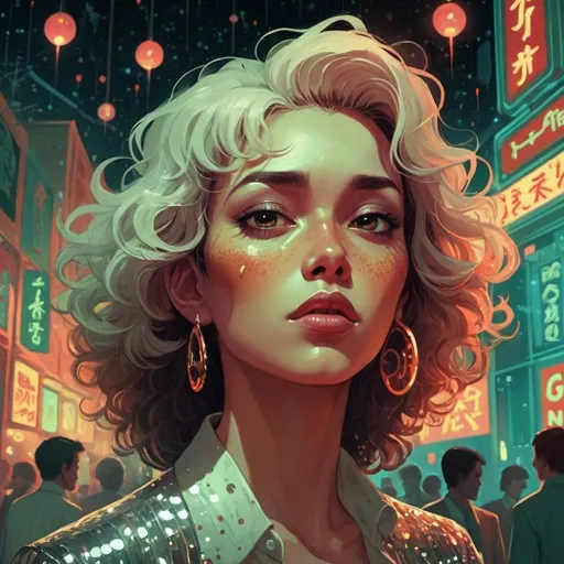 Prompt: fever of the night, a grime tale of the night fever, disco club of the occult, digital painting, artstation, ristan eaton, victo ngai, artgerm, rhads, ross draws, anime styled