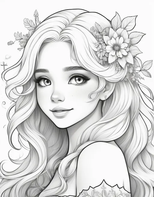 Prompt: A stunning monochrome coloring page of Adorable Fantasy young adult princess ,white hair with loose waves and a floral hair accessory, face portrait profile radiating pure joy and happiness, adorable, charming, kawaii, cute , pure white background, black and white color, crisp drawing line,extremely high quality colouring book style, anime style, an illustration that pays tribute to the iconic styles of Artgerm, Aleksi Briclot, and Charlie Bowater, created in a digital professional line art style, with simple vector crisp lines, the clean and bold lines found in cute cartoon styles of [Aleksi Briclot] with a low level of detail to give it a clarity and clean appearance. The cartoon is bold and clean and crisp line art, ink drawing in kawaii cartoon style