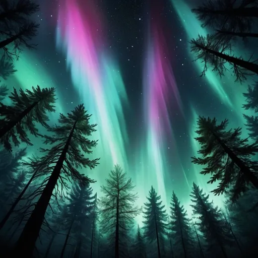 Prompt: Beautiful hyper-realistic nebulea with aurora looking up through dark trees in the forest