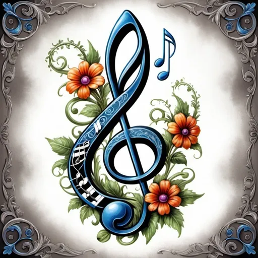 Prompt: Highly detailed digital painting of a musical note with flowers and leaves, modern European ink painting, Anne Stokes style, airbrush painting, treble clef, intricate floral details, vibrant colors, detailed shading, professional art quality, modern, European, detailed musical note, floral elements, intricate design, airbrush, Anne Stokes style, vibrant colors, detailed shading, professional art quality