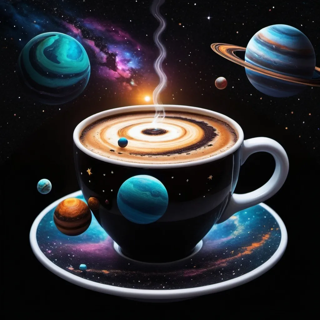 Prompt: a cup of coffee with planets floating out of it and a star in the background with a black background, Adam Szentpétery, space art, planets, a surrealist painting