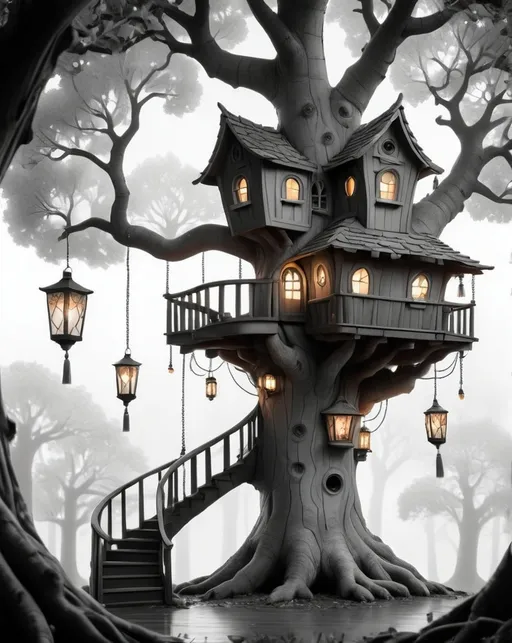 Prompt: A magical treehouse nestled high in a giant oak tree with a winding staircase leading up, lanterns hanging from branches, and whimsical windows peeking out from the tree trunk. A stunning monochrome coloring page. Pure white background, black and white color with no shading, crisp drawing line, extremely high-quality coloring book style, anime style, clean and bold lines, and a high level of detail to give it a clarity and clean appearance. The image is bold, clean, and crisp line art, ink drawing in coloring book style.