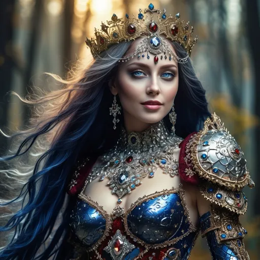 Prompt: a detailed full body portrait of a  smiling beautiful gothic goddess, deep blue eyes, full body jewel encrusted armour ornately decorated, hazy magical forest in the  background, stars in the sky, sharp focus on face, small details high image detail 120k, fine detailed drawing, professional photoshoot, professional photographer, HDR, UltraHD, a lot of details, intricate details, pixel study, 3D, detail, photorealism, majestic, stunning, elegant, brilliant , sumptuous, unique, something new, magnificent, fantasy, lovely, epic, with glowing jewellery, long hair blowing in the wind, wind rainbow coloured hair, wearing diamond encrusted silk armour, silver, gold, deep blue, deep red, deep rainbow colours.