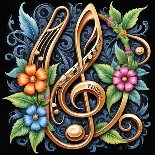 Prompt: Highly detailed digital painting of a musical note with flowers and leaves, modern European ink painting, Anne Stokes style, airbrush painting, treble clef, intricate floral details, vibrant colors, detailed shading, professional art quality, modern, European, detailed musical note, floral elements, intricate design, airbrush, Anne Stokes style, vibrant colors, detailed shading, professional art quality