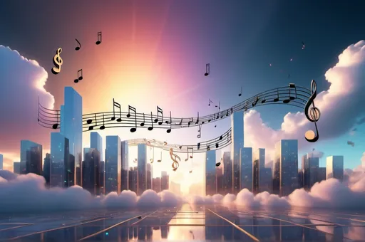 Prompt: Vibrantly colored 3d render of a heavenly cityscape set in the future where buildings are constructed from solid musical notes. As the notes reach the sky, they dissolve into ethereal particles, blending with clouds and radiating a divine glow.