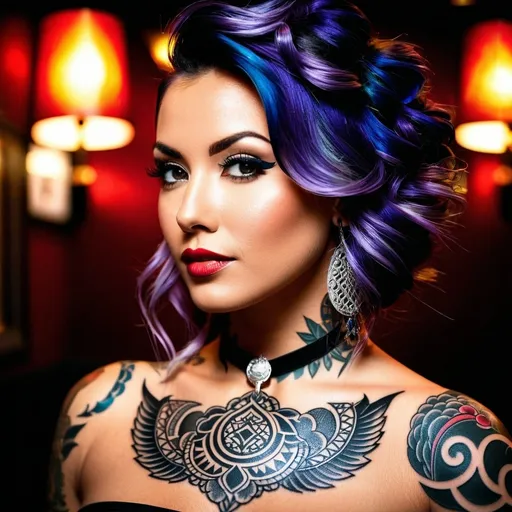 Prompt: A striking portrait of a tattoo artist, showcasing their artistry and creativity in the world of body ink, Inked expressions, Close-up shot focusing on the tattoo artist's face and intricate tattoo designs, Edgy and contrasting lighting reflecting the tattoo parlor environment, Bold and vibrant tones representing the world of tattoo art, Expressive and unconventional mood, Tattoo artist portrait photography, Influenced by the works of Scott Campbell --ar 3:2