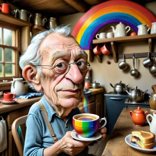 Prompt: Old man in a country kitchen setting holding a brightly colored rainbow cup contain ing steaming coffee