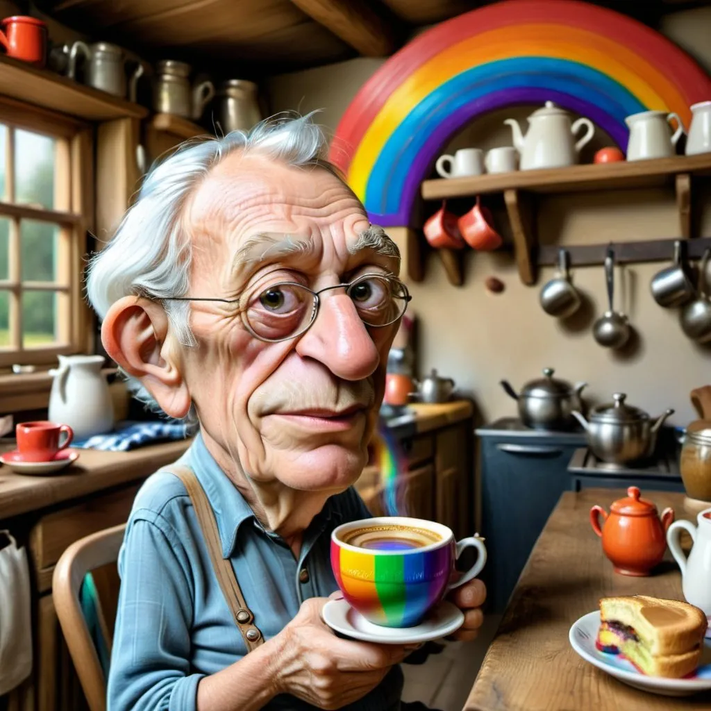 Prompt: Old man in a country kitchen setting holding a brightly colored rainbow cup contain ing steaming coffee