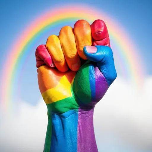 Prompt: a rainbow colored fist raised high in celebration of Pride Month. 