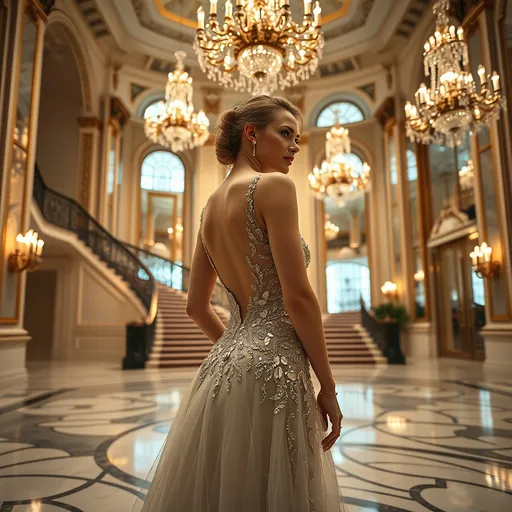 Prompt: (model by grand staircase), (expansive ballroom), marble floors, high ceilings, sparkling chandeliers, soft reflections in mirrors, exquisite sequined designer bodice, glamorous atmosphere, opulent ambiance, refined elegance, luxurious details, classic architecture, HD, ultra-detailed, dramatic lighting, fashion photography style