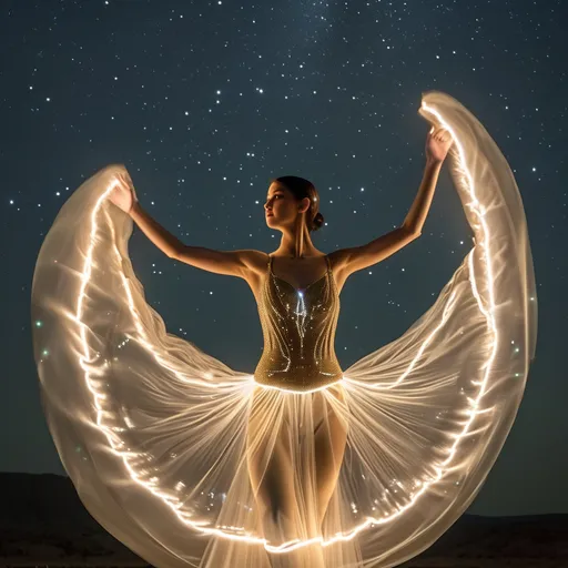 Prompt: Celestial Dancer: Capture the ethereal beauty of a dancer gracefully moving among the stars. Utilize long exposure techniques and creative lighting to emphasize the fluidity of the movements. Shot with a full-frame Canon EOS R6, using a 24-70mm lens at 50mm, f/2.8, and a remote trigger for precise timing.