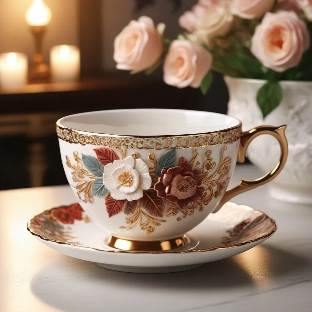 Prompt: Beautiful, elegant, intricate coffee cup, porcelain material, delicate floral patterns, high quality, detailed, realistic, elegant, vintage, warm tones, soft lighting--ar 16:9 --s 250