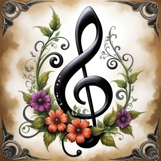 Prompt: a painting of a musical note with flowers and leaves on it's side and a treble on the other side, Anne Stokes, modern european ink painting, highly detailed digital painting, an airbrush painting