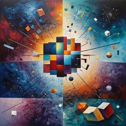 Prompt: Abstract painting of the universe broken up into different dimensions different pictures like a Picasso painting cubic so every differen dimension has different pictures like of a city or a meadow with animals or different shapes and colors but hidden messages in the painting like a word search for the word COCKTAIL OR SOMETHING LIKE THE REST OF MY MIND. Abstract and textured 