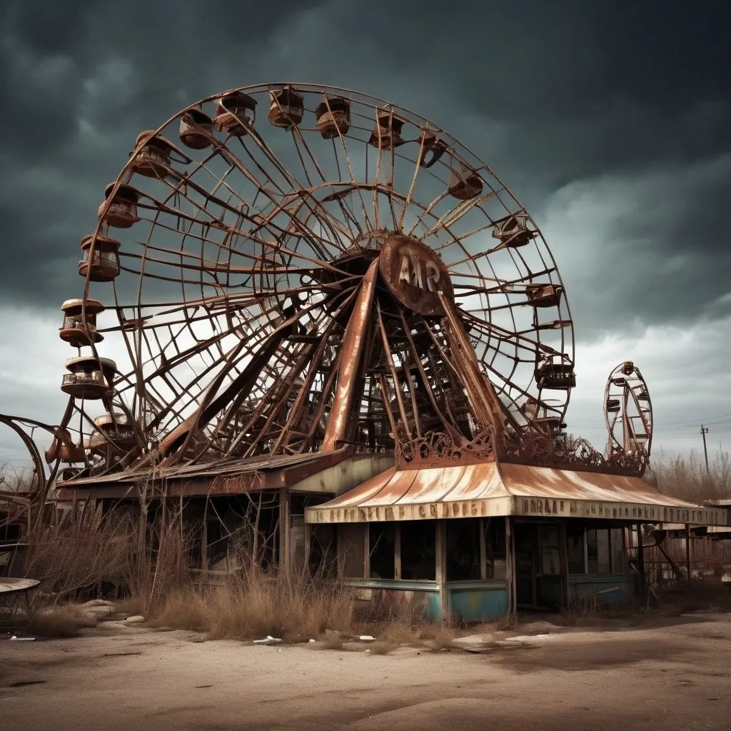 Prompt: rusted-out amusement park in a wasteland, crumbling rides, twisted metal, haunting reminder of a lost era, ar 3:2, high quality, detailed, haunting, post-apocalyptic, desolate, rusty tones, dramatic lighting