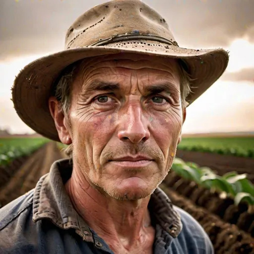 Prompt: A captivating portrait of a farmer, showcasing their connection to the land and their dedication to agriculture, Nurturing the earth, Close-up shot highlighting the farmer's face, adorned with dirt and sweat, Warm and natural lighting reflecting the agricultural environment, Earthy and organic tones representing the world of farming, Honest and hardworking mood, Farmer portrait photography, Inspired by the works of Edward Weston --ar 4:3