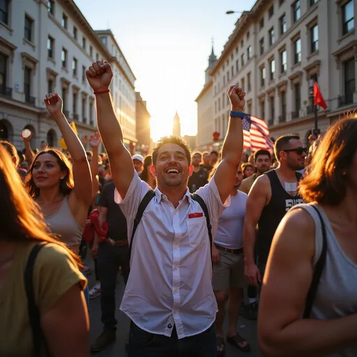 Prompt: photorealistic, high resolution photo of prorestors in the streets, (fists raised in victory), expressions of joy and triumph, diverse group, vibrant colors, dynamic atmosphere, warm sunlight casting beautiful shadows, capturing the moment of civic engagement and exuberance, ultra-detailed surroundings, ensuring an authentic representation of the 1st Amendment experience.