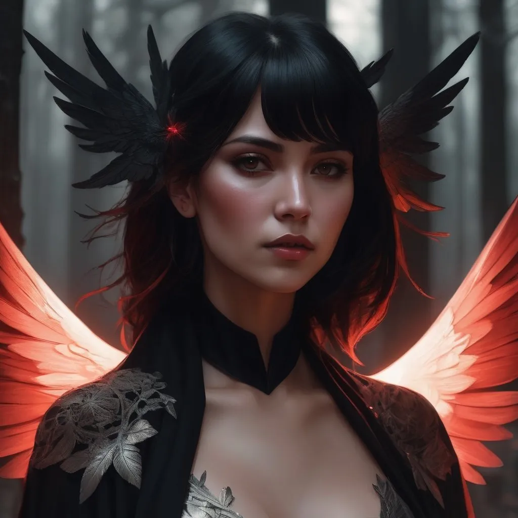 Prompt: a beautiful cinematic female seraphim, deep cleavage, black wings slightly burnt, fantasy forest landscape, fantasy magic, undercut hairstyle, short red black fade hair, dark light night, intricate, elegant, sharp focus, illustration, highly detailed, digital painting, concept art, matte, art by WLOP and Artgerm and Greg Rutkowski and Alphonse Mucha, masterpiece