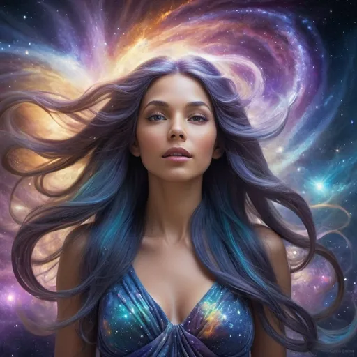 Prompt: Galactic Goddess, long flowing hair, swirling galaxies, celestial phenomena, cosmic essence, shimmering hair, celestial beauty, powerful presence, cosmic atmosphere, cosmic lighting, otherworldly radiance, highres, ultra-detailed, ethereal, fantasy, cosmic colors, cosmic lighting, mystical
