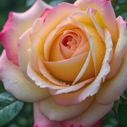 Prompt: (blooming Rose close-up), (intricate layers of petals), (vibrant hues), (bright tones), (soft natural lighting), showcasing the beauty of nature, (ultra-detailed textures), tranquil atmosphere, (rich green foliage backdrop), captivating visual aesthetics, high quality, (4K), serene mood, emphasizing nature's artistry, (16:9 aspect ratio).