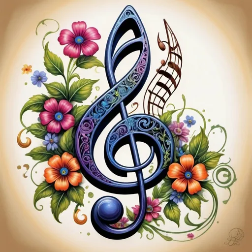 Prompt: highly detailed digital painting of a musical note with flowers and leaves, modern European ink painting, Anne Stokes, airbrush painting, treble, vibrant colors, intricate floral details, professional, art nouveau, detailed ink work, bright and vivid, artistic, modern, detailed shading, realistic textures, artistic lighting, professional quality