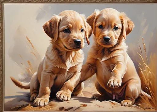 Prompt: Visla puppies playing, realistic oil painting, lively and playful atmosphere, vibrant colors, high-quality, detailed brushwork, traditional, natural lighting, warm tones