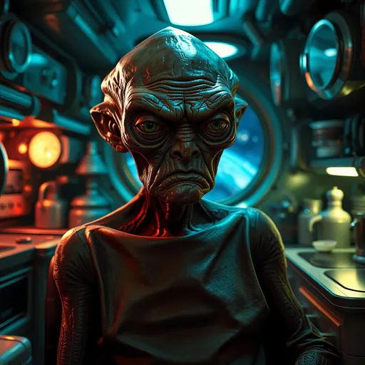 Prompt: Old alien man (grumpy expression), sitting in cluttered spaceship kitchen, surrounded by futuristic appliances,  dim ambient lighting, metallic surfaces glinting, exhausting day reflected on worn face, cozy yet chaotic atmosphere, colorful yet oddly calming tones, high detail, 4K quality background of space visible through the window.