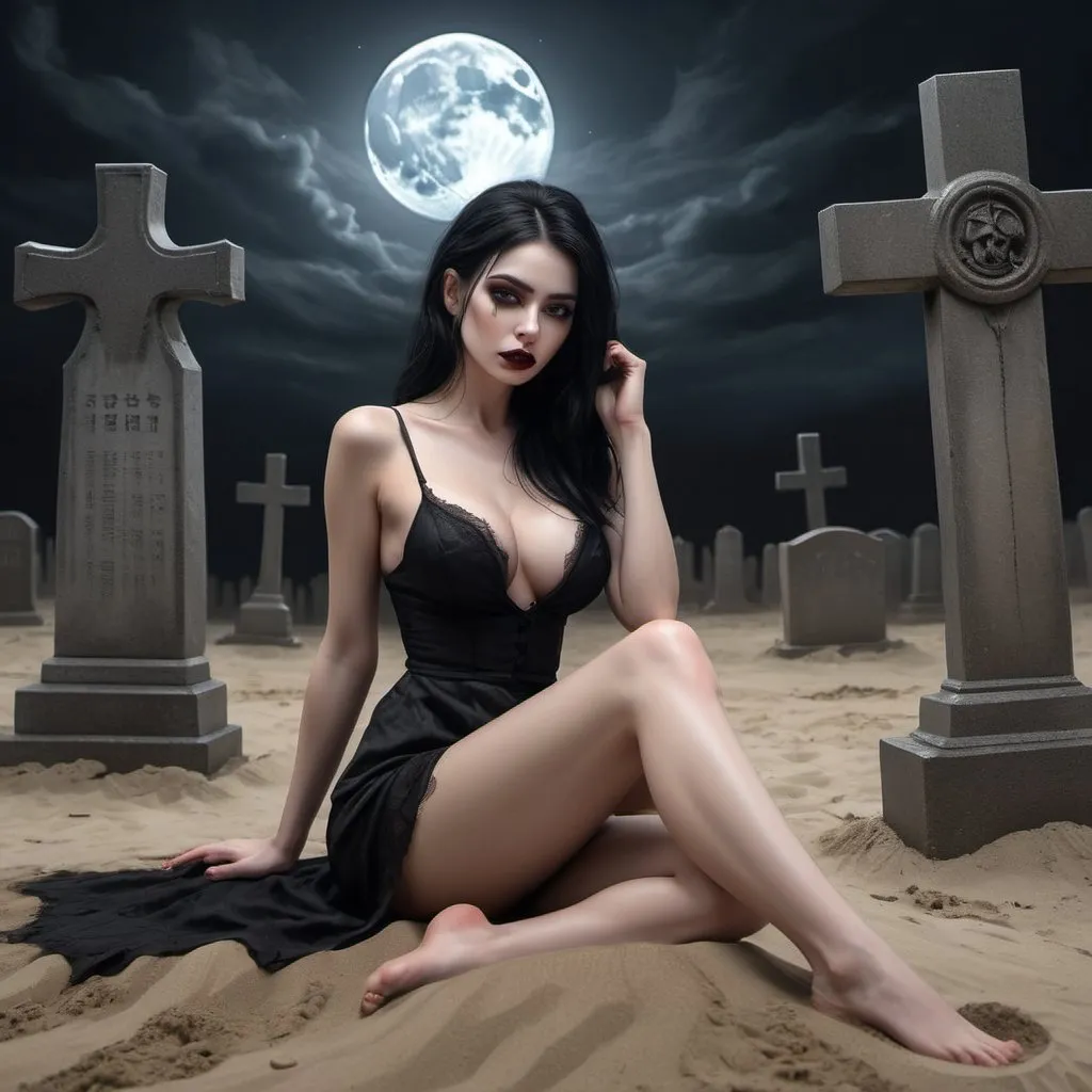 Prompt: 4k,high resolution , detailed , oil painting , modeling , dark color , grave yard , tombstones , scary place , gothic woman sits on sand and holds sand in her hand, blood on the woman, pale skin , black hair , mini slit dress reveals legs , black themed , death ,drama, night , dark magic , modeling pose , realistic woman look , moon , focus on legs , barefoot  , portrait  , skull , expressionism , 