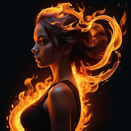 Prompt: High Resolution, photorealistic, sleek illustration of a girl made of fire, swirling flames, fiery silhouette, high-contrast, high-res, 4d design, abstract, fiery tones, sleek lines, stylish, intense lighting