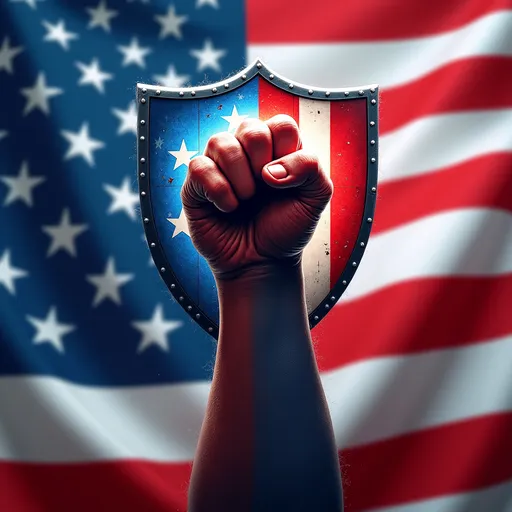 Prompt: (shield icon), (American flag backdrop), red, white, and blue color scheme, clenched fist, rising upward, symbolizing strength and solidarity, high quality, ultra-detailed, vibrant colors, dramatic lighting, powerful imagery, patriotic theme, visually striking, bold design, clear and crisp textures, reflective of unity and strength.