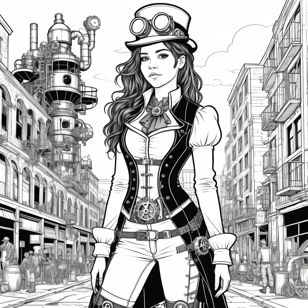 Prompt: B&W coloring book page, steampunk 16 year old girl standing in an urban setting, line art, solid white background