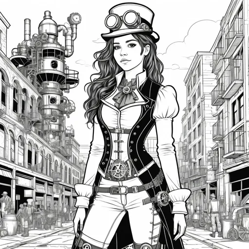 Prompt: B&W coloring book page, steampunk 16 year old girl standing in an urban setting, line art, solid white background