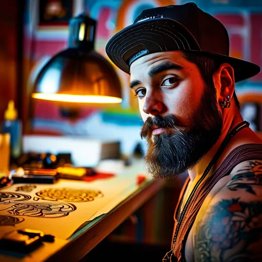 Prompt: A striking portrait of a tattoo artist, showcasing their artistry and creativity in the world of body ink, Inked expressions, Close-up shot focusing on the tattoo artist's face and intricate tattoo designs, Edgy and contrasting lighting reflecting the tattoo parlor environment, Bold and vibrant tones representing the world of tattoo art, Expressive and unconventional mood, Tattoo artist portrait photography, Influenced by the works of Scott Campbell --ar 3:2