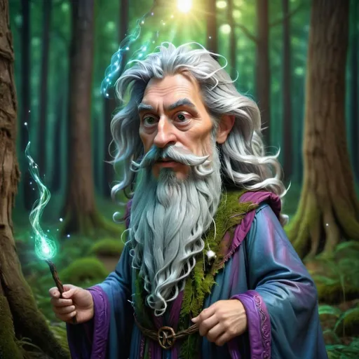 Prompt: Ethereal wizard in a mystical forest, soft focus, high quality, ethereal, fantasy, magical, detailed robe, mystical atmosphere, flowing beard, enchanting, surreal lighting